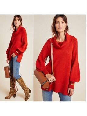 Anthropologie Paloma Cowl Neck Balloon Sleeve Sweater Burnt Orange Size XL Women